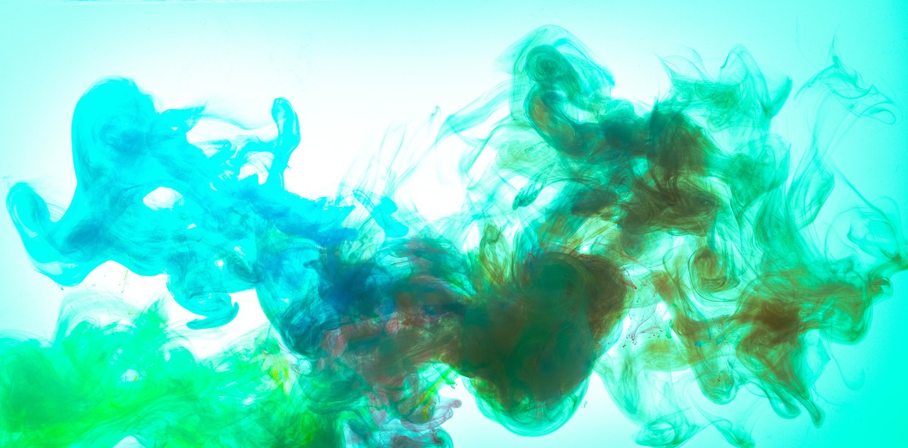 a close up of colored ink in water, digital art, inspired by Alberto Seveso, lyrical abstraction, teal gradient, whirling green smoke, jellyfishes, 3840 x 2160