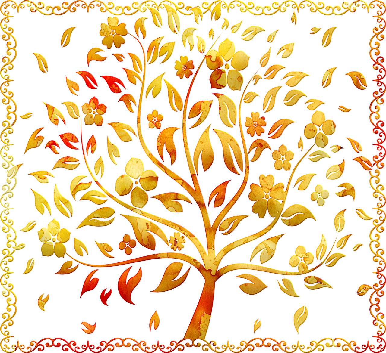 a painting of a tree with leaves and flowers, a digital rendering, by Marie Bashkirtseff, shutterstock contest winner, art nouveau, shining gold and black and red, persian folkore illustration, very beautiful photo, wallpaper background