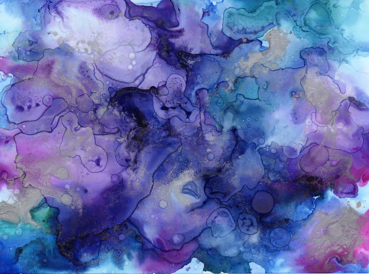 a close up of a purple and blue painting, a detailed painting, by Leticia Gillett, made of alcohol ink on parchment, underwater ink, heavenly marble, elizabeth erickson