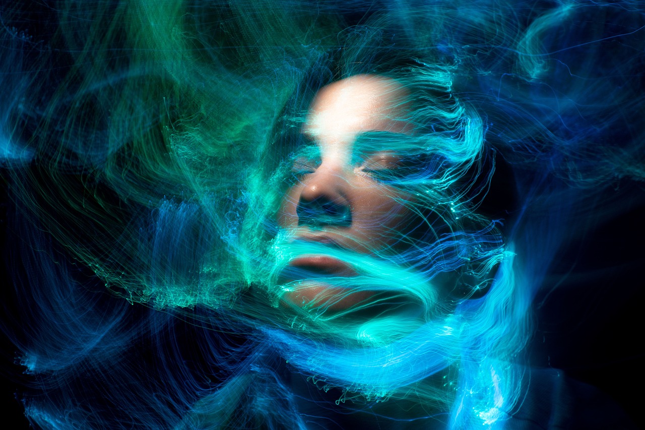 a close up of a person with blue hair, by Eugeniusz Zak, digital art, diffuse lightpainting, high quality fantasy stock photo, floating. greenish blue, vapourwave