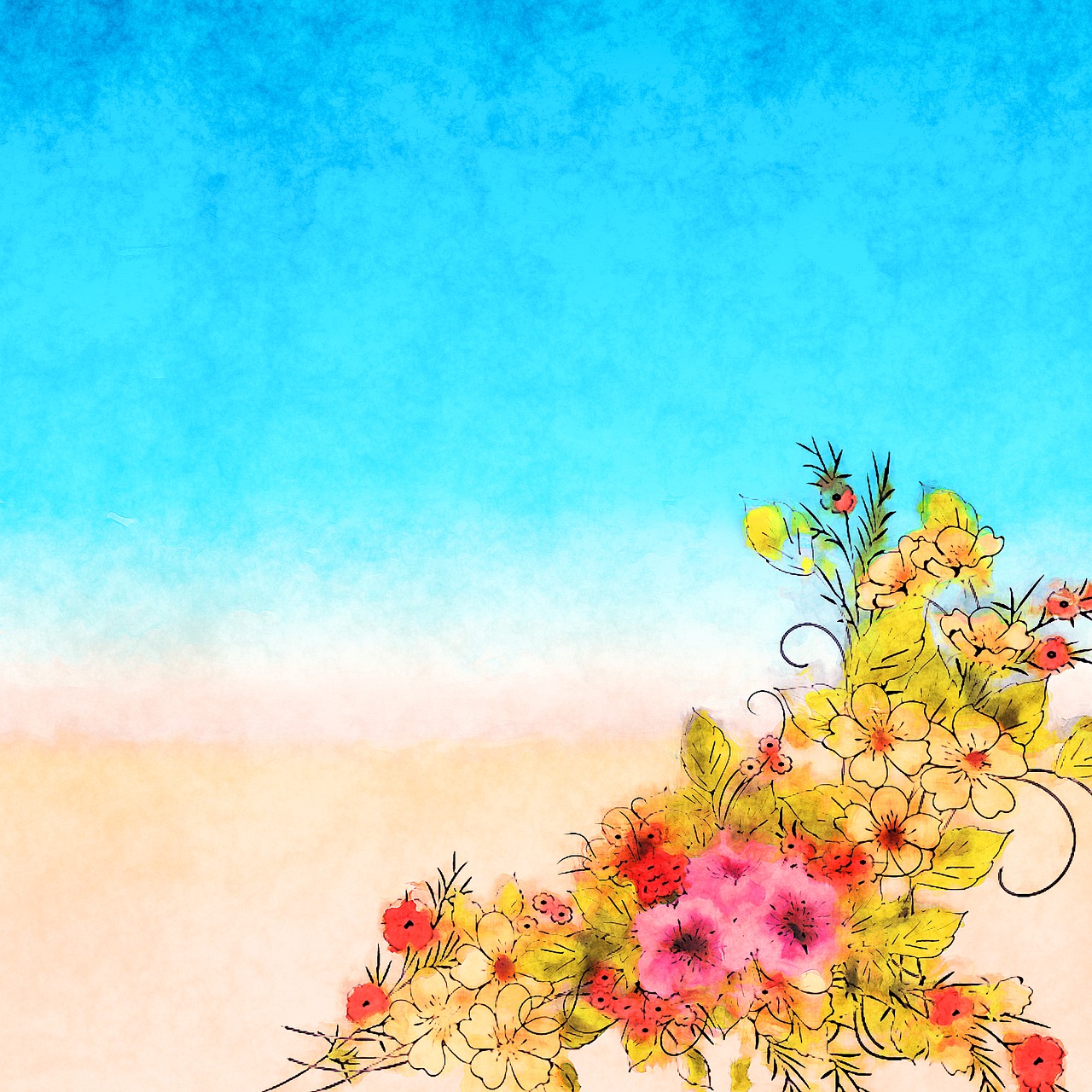 a painting of a bunch of flowers on a beach, a digital painting, by Kume Keiichiro, romanticism, handcrafted paper background, ((water color)), blue sky, decorative border