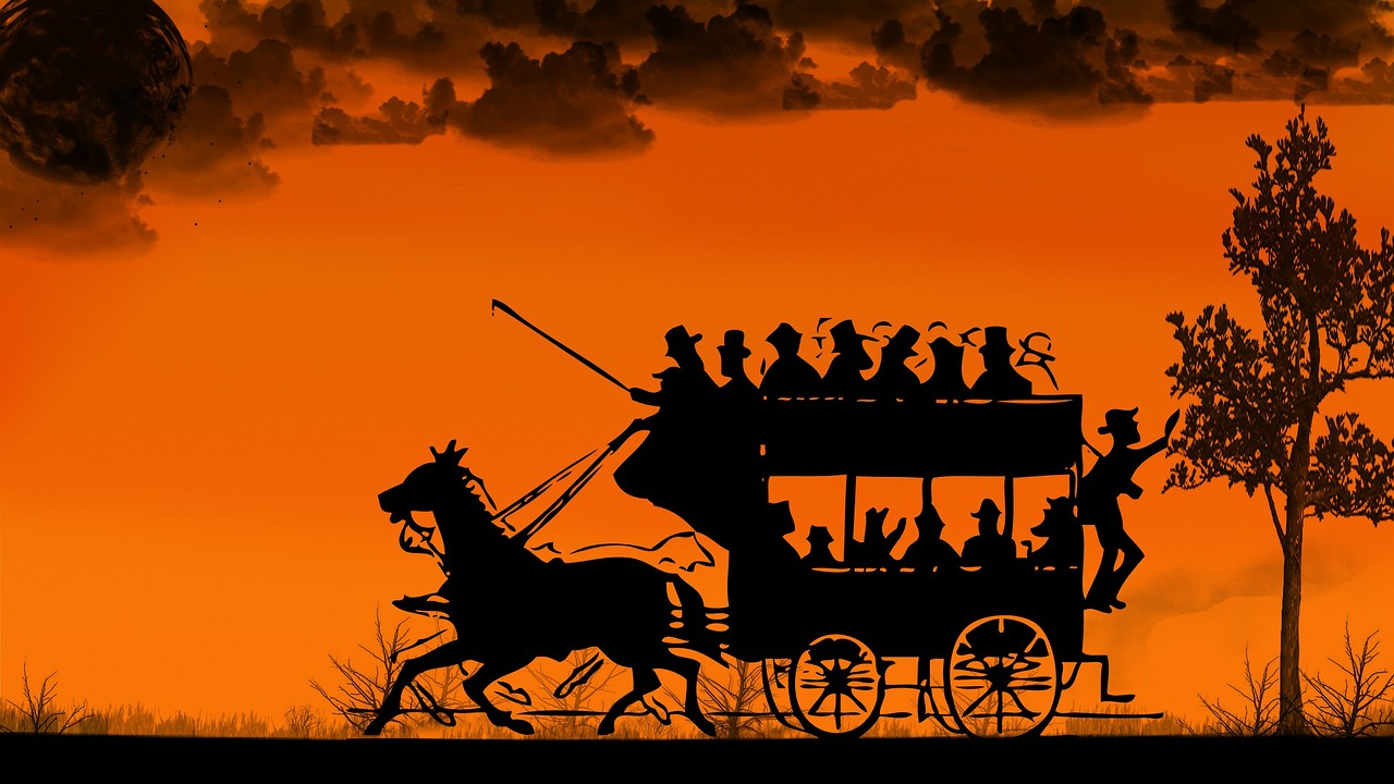 a group of people riding in a horse drawn carriage, concept art, inspired by George Caleb Bingham, pixabay contest winner, orange sunset, phone wallpaper hd, bus, stock photo