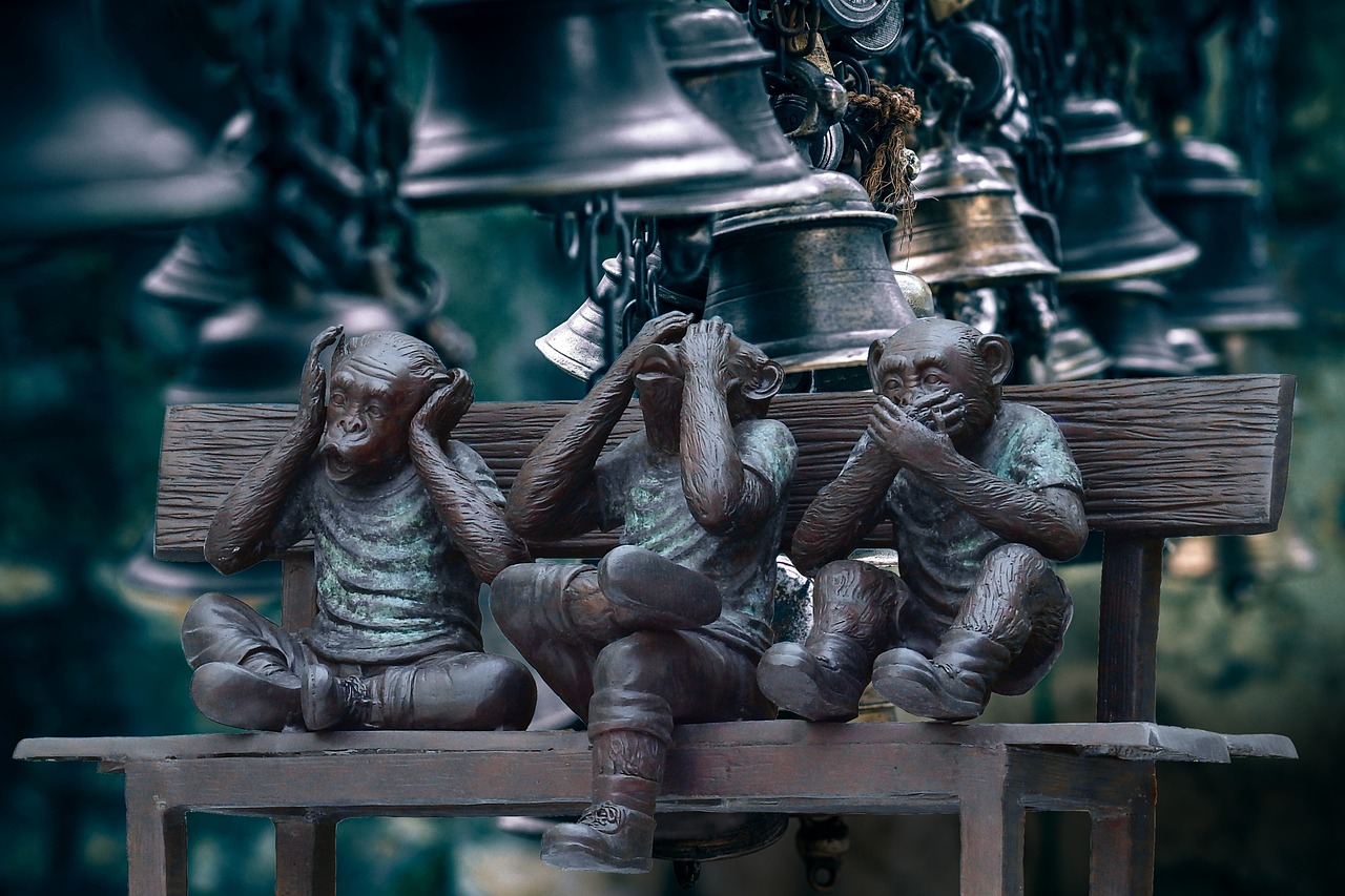 a statue of three monkeys sitting on a bench, a bronze sculpture, inspired by Kurt Wenner, trending on pixabay, wind chimes, emotions closeup, weta workshop the hobbit, shouting