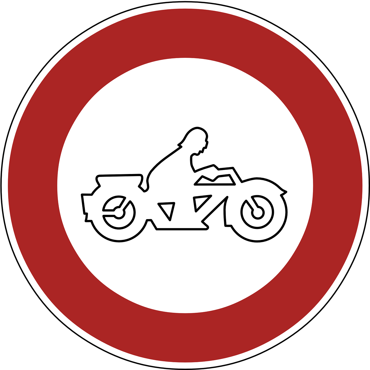 a red and white sign with a picture of a person riding a motorcycle, vector art, by Jan Zrzavý, pixabay, conceptual art, forbidden, round, white outline, roadster