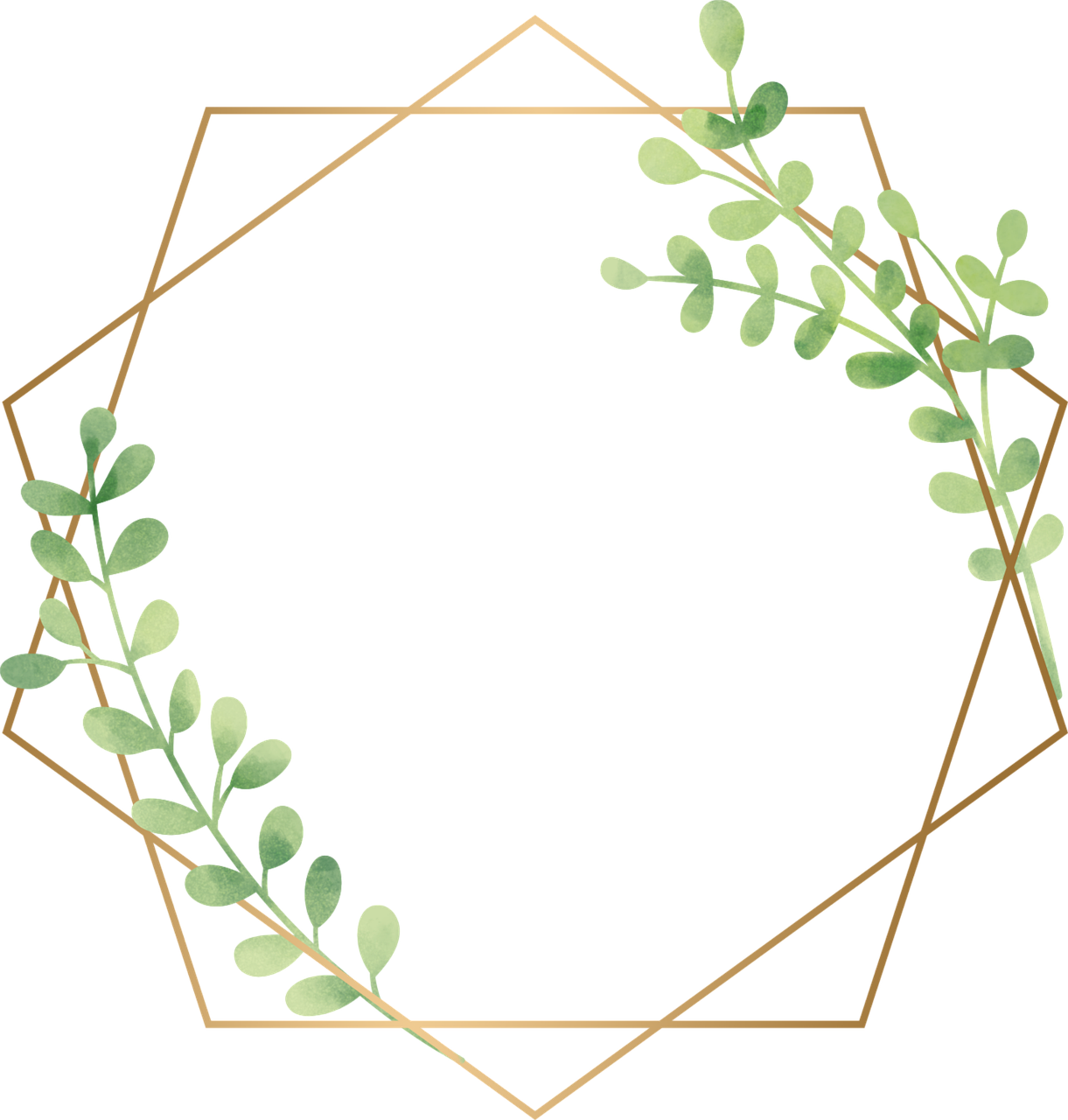 a gold hexagon frame with green leaves, digital art, pixabay, black design, willowy frame, cutie, no text
