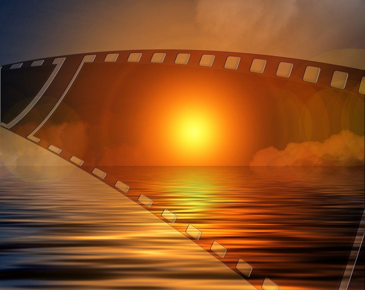 a film strip with a sunset in the background, a picture, by Hristofor Zhefarovich, pixabay, video art, closeup cinematic aquatic scene, beautiful sunny day, very beautiful photo, photorealistic movie still