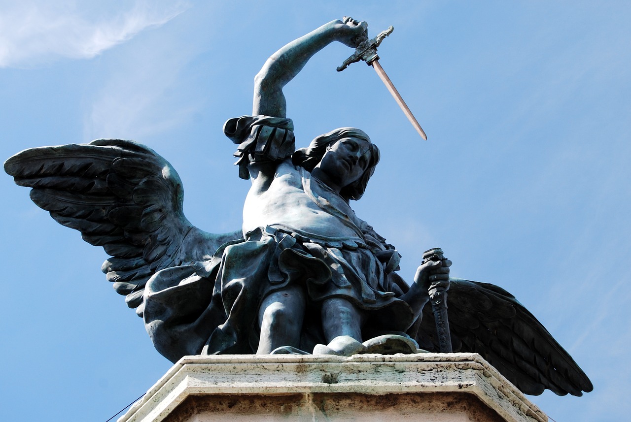 a statue of an angel holding a sword, a statue, by Joseph Raphael, baroque, battle angel, top of art, historical setting, menacing!