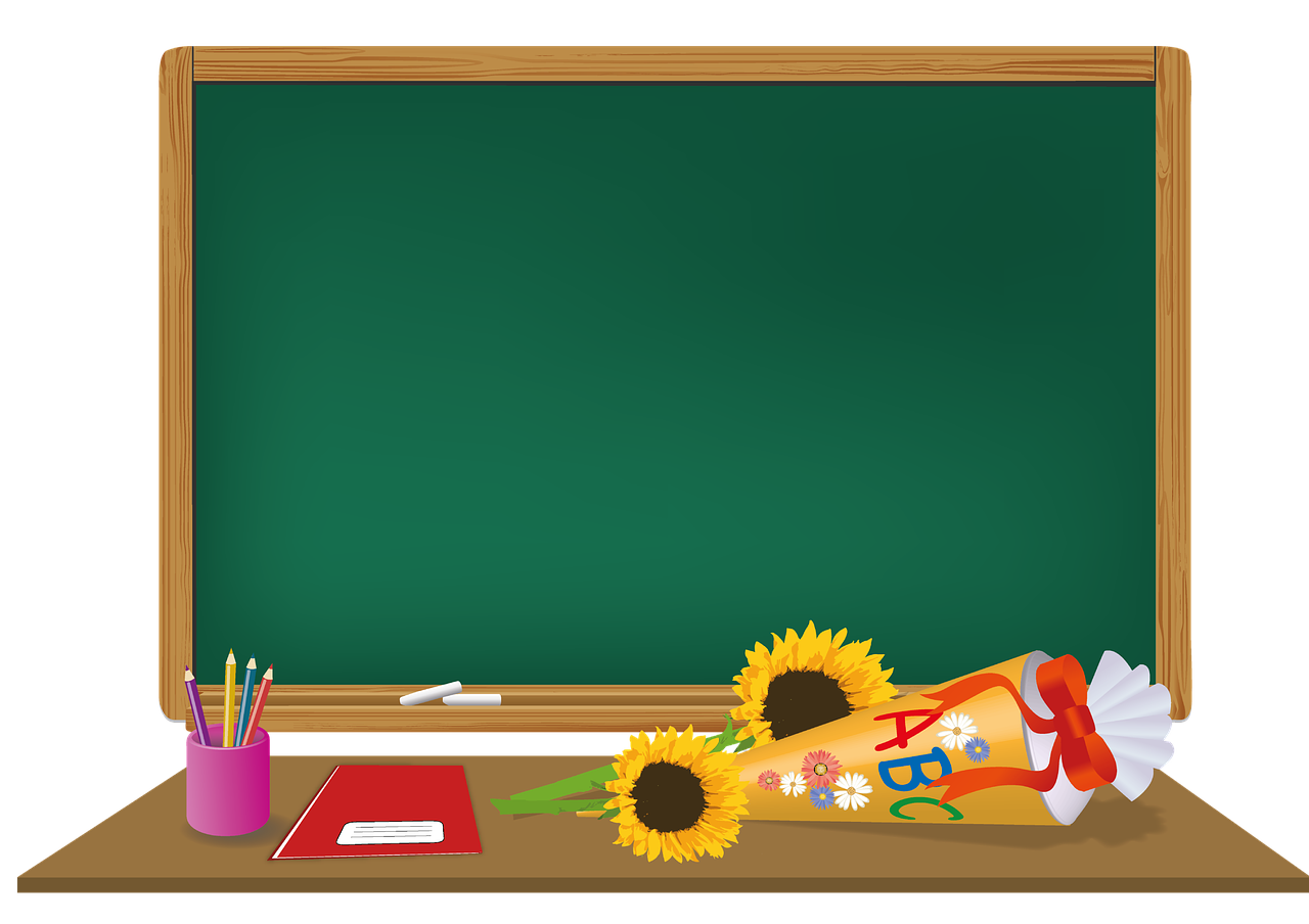 a school desk with a blackboard and sunflowers, a picture, academic art, made with illustrator, celebration, widescreen, high res