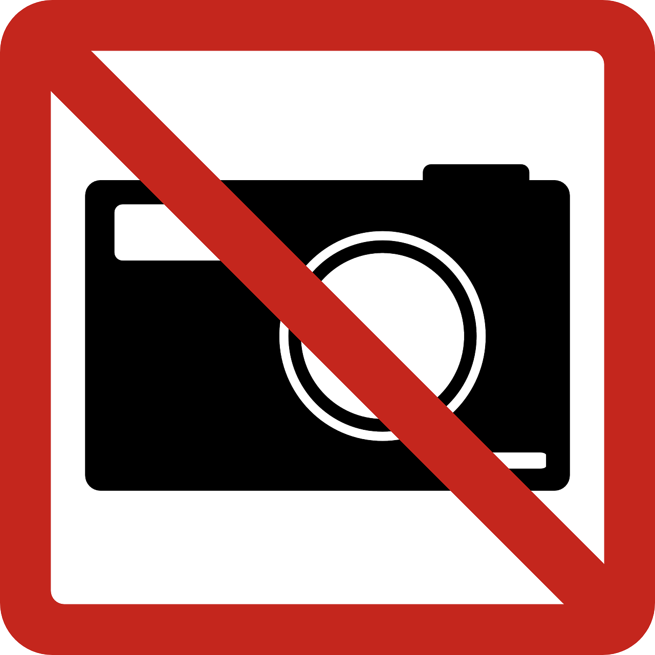 a black and red sign with a picture of a camera, a picture, pixabay, no flash, negative space is mandatory, no gradients, tourist photo