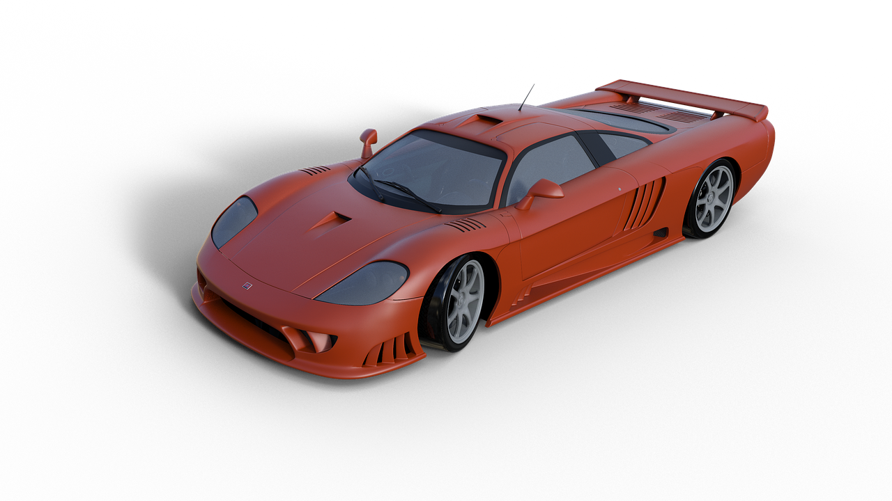 a red sports car on a black background, a 3D render, polycount contest winner, photorealism, saleen s7, orange subsurface scattering, low quality 3d model, gtr xu1