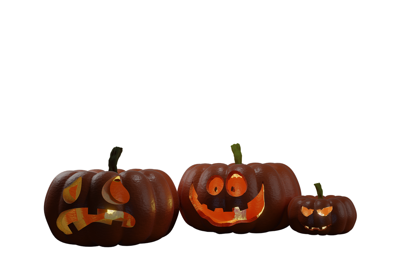 a group of carved pumpkins sitting next to each other, a 3D render, digital art, high res photo, on black background, wide shot photo, glowing-eyes-and-mouth