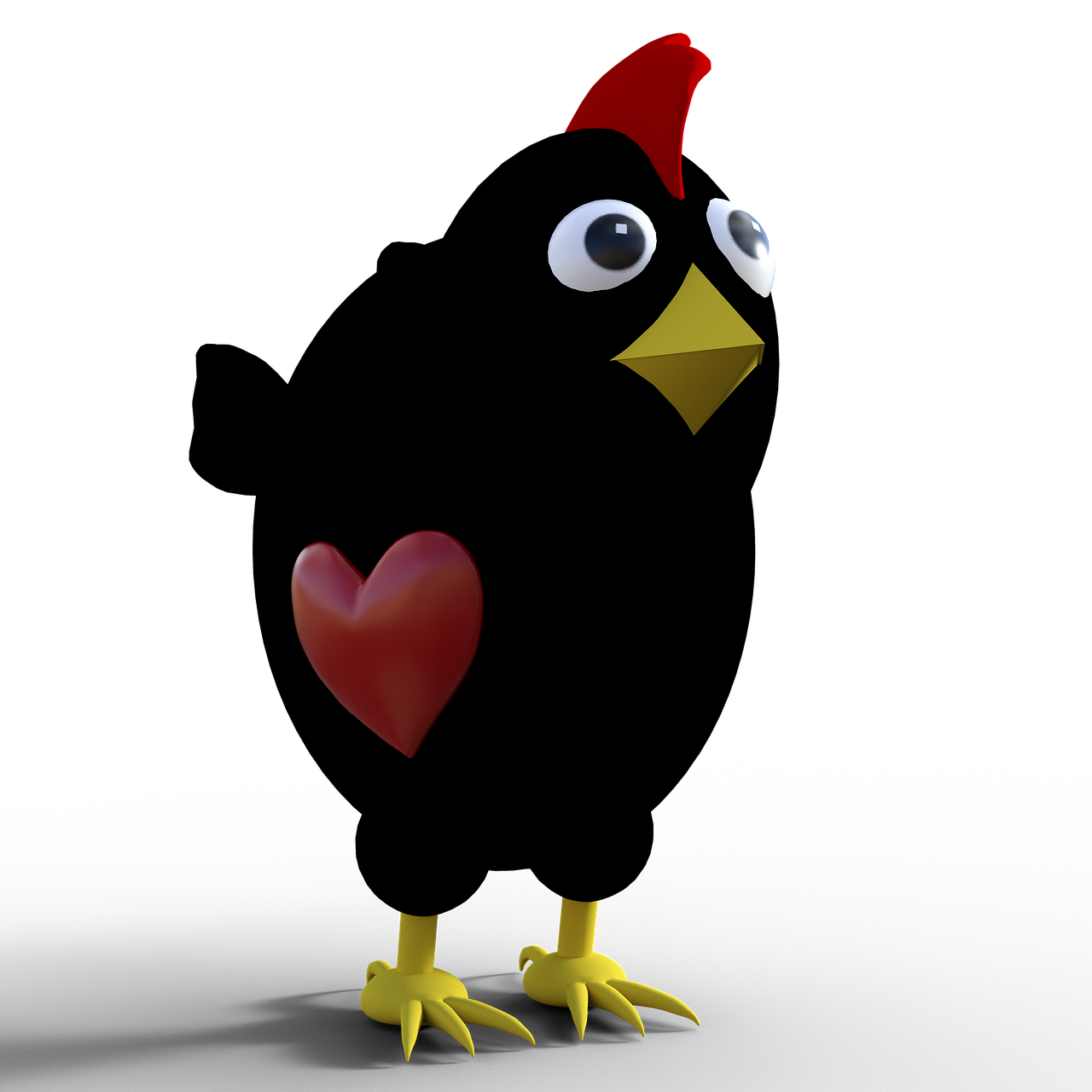 a close up of a bird with a heart, a raytraced image, inspired by Eppo Doeve, flickr, anthropomorphized chicken, black main color, 3d model of a japanese mascot, juan miro