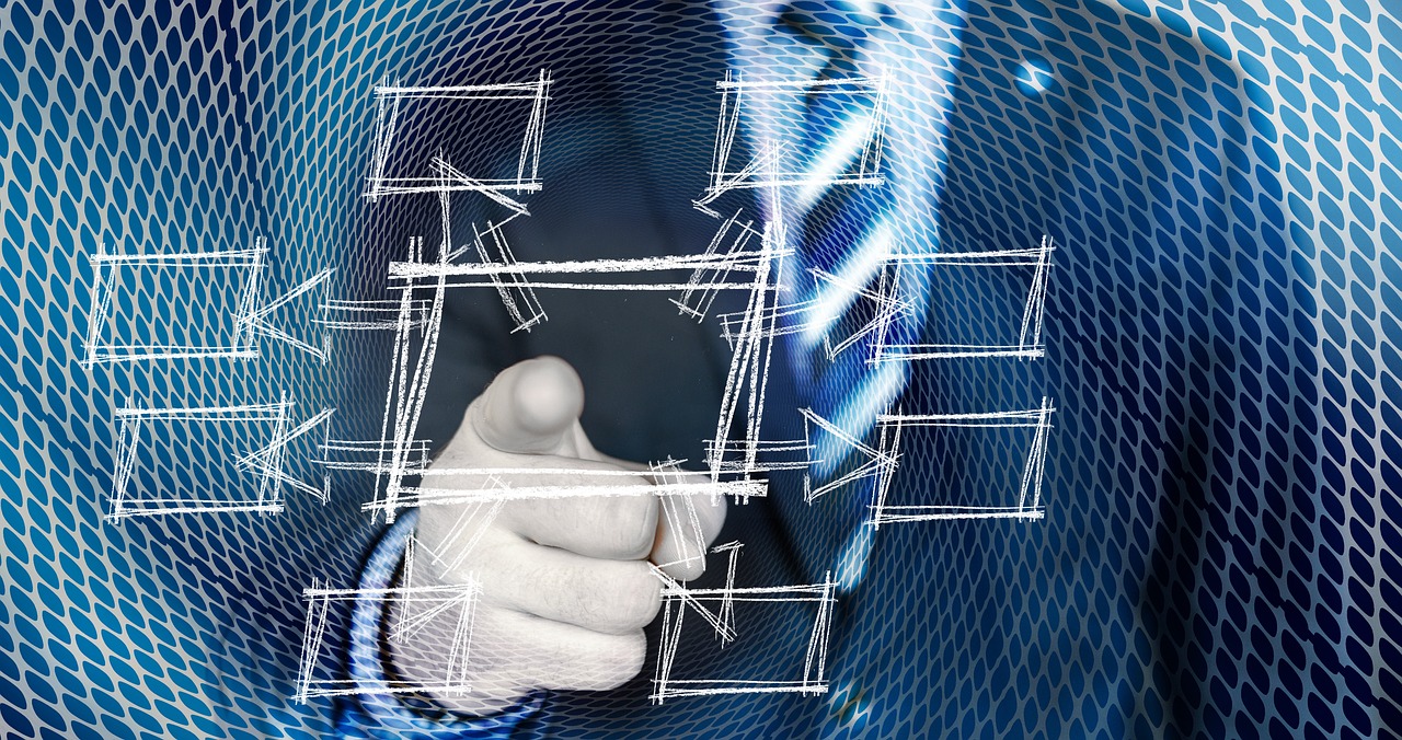 a close up of a person in a suit and tie, a computer rendering, digital art, blue print, reaching, grid and web, pointing