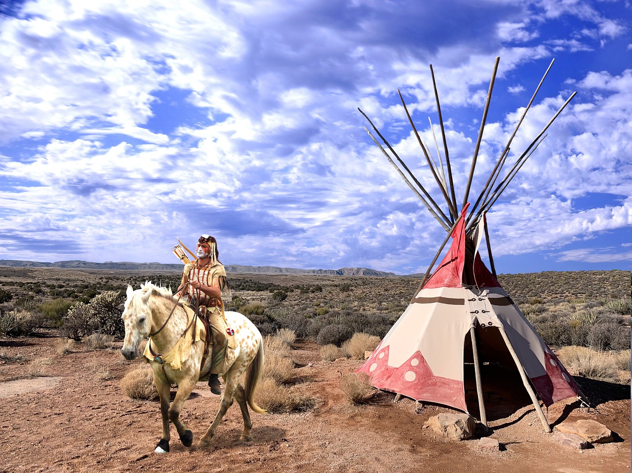 a woman riding a horse next to a teepee, inspired by Charles Marion Russell, shutterstock, old cgi 3 d rendered bryce 3 d, arizona desert, 2 0 2 2 photo, very wide angle view