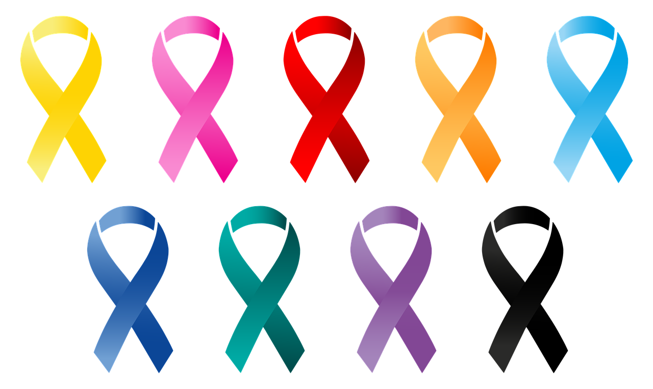 a group of different colored ribbons on a black background, by David Burton-Richardson, pixabay, antipodeans, tumors, no gradients, ankh symbol, ladies