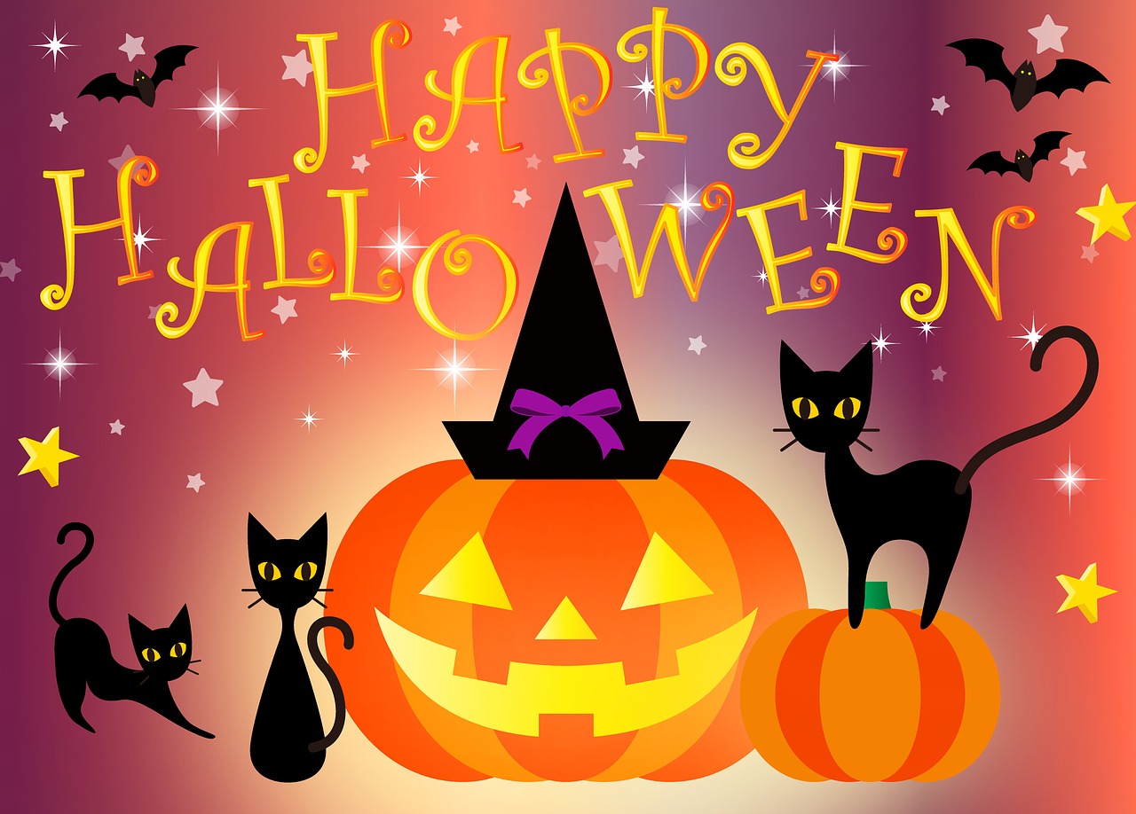 a couple of cats sitting on top of a pumpkin, a picture, by Pamela Drew, pixabay, sōsaku hanga, witch hat, [[[[grinning evily]]]], star, card
