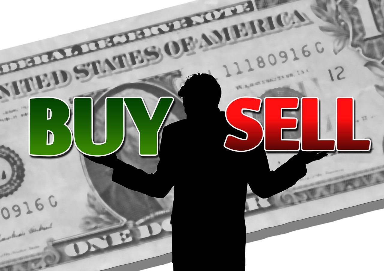 a black and white photo of a man holding a buy sign, a stock photo, by Susan Heidi, pixabay, hurufiyya, stylized silhouette, trading stocks, made of money, 🎨🖌️