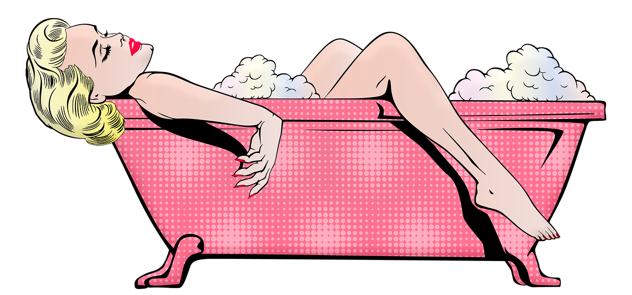 a woman taking a bath in a pink tub, digital art, pop art, lying on a fuzzy blanket, detail shot, low angle view, couch