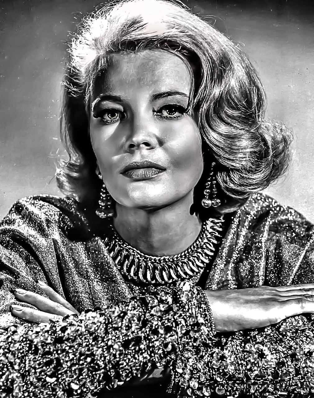 a black and white photo of a woman with her arms crossed, inspired by Yousuf Karsh, trending on pixabay, pop art, margot robbie portrait, barclay shaw 8 k photorealistic, dana scully, vintage color