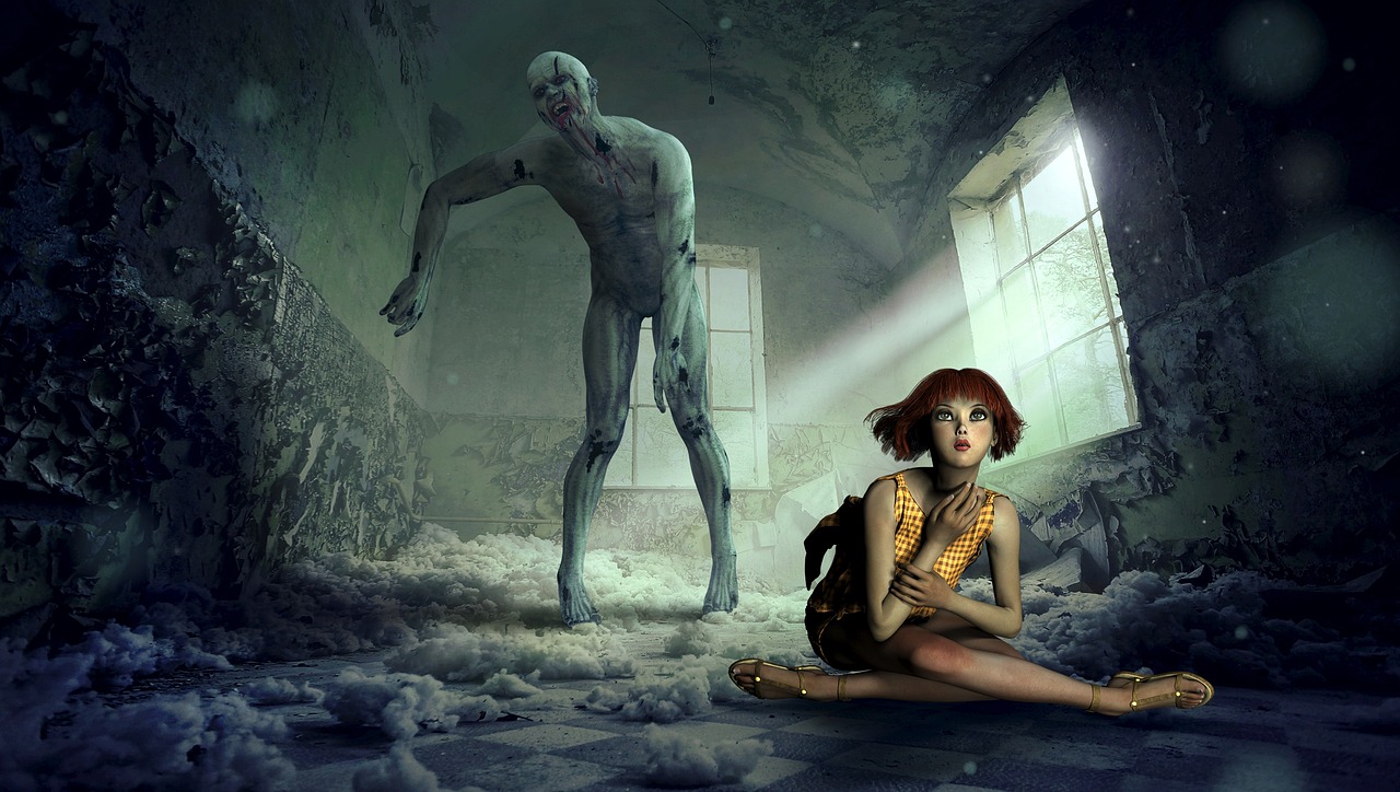 a woman sitting on the ground next to a zombie, digital art, inspired by Krzysztof Boguszewski, in an attic, humanoid creature, leeloo, photo - manipulation