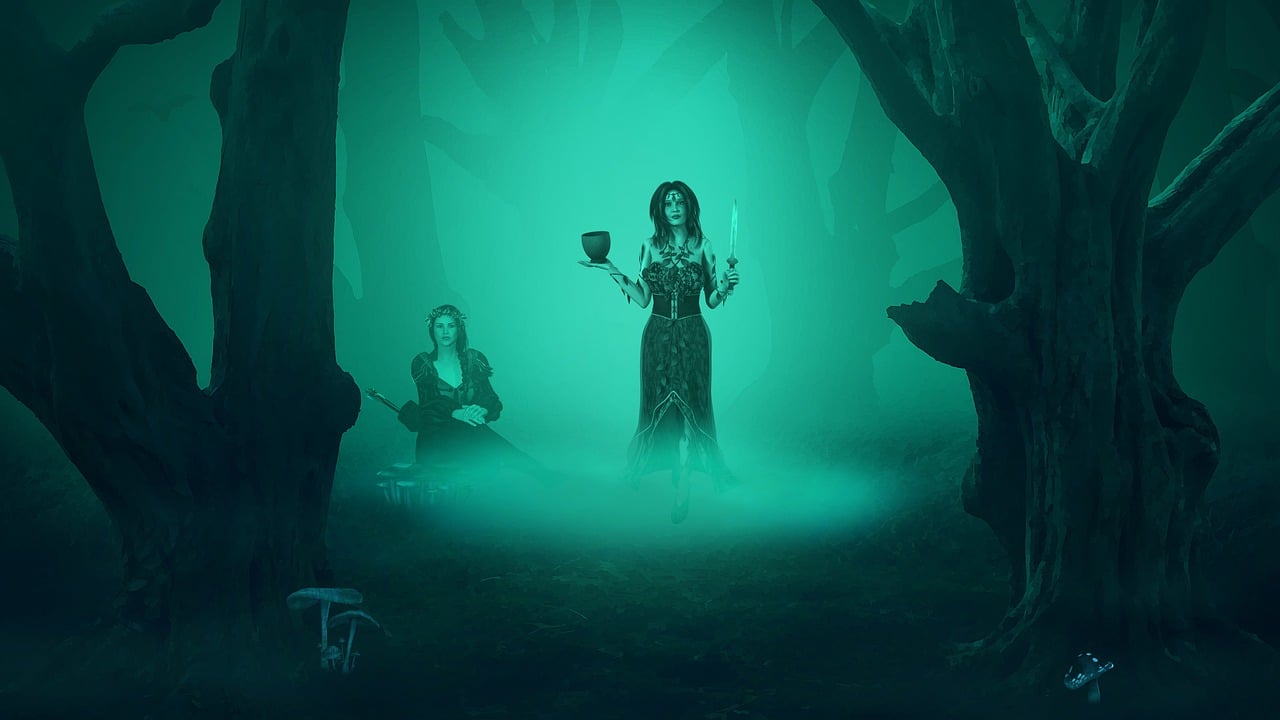a woman standing in the middle of a forest, concept art, digital art, casting a spell on a potion, green scary lights, maiden and fool and crone, with a spooky filter applied