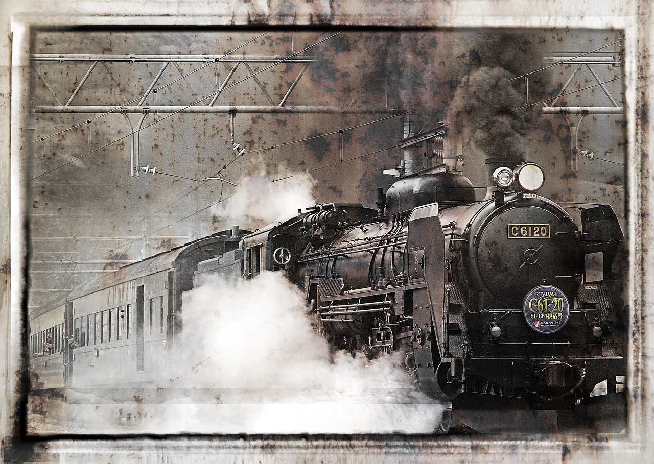 a steam engine train traveling down train tracks, a detailed matte painting, 3 0 0, steam punk grafitti, white steam on the side, 8 8 8 8