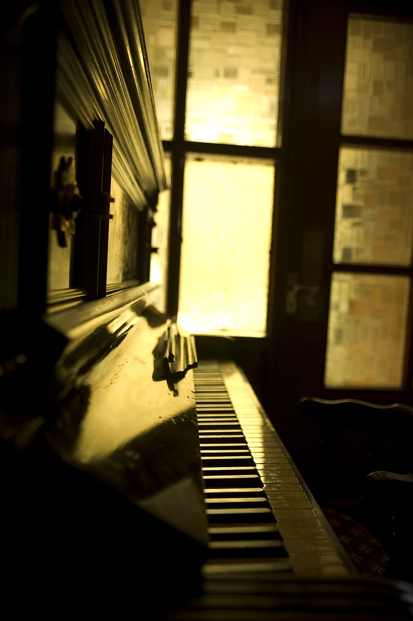 a close up of a piano near a window, a picture, by Eugeniusz Zak, warm golden backlit, in doors, kodak photo, during the night