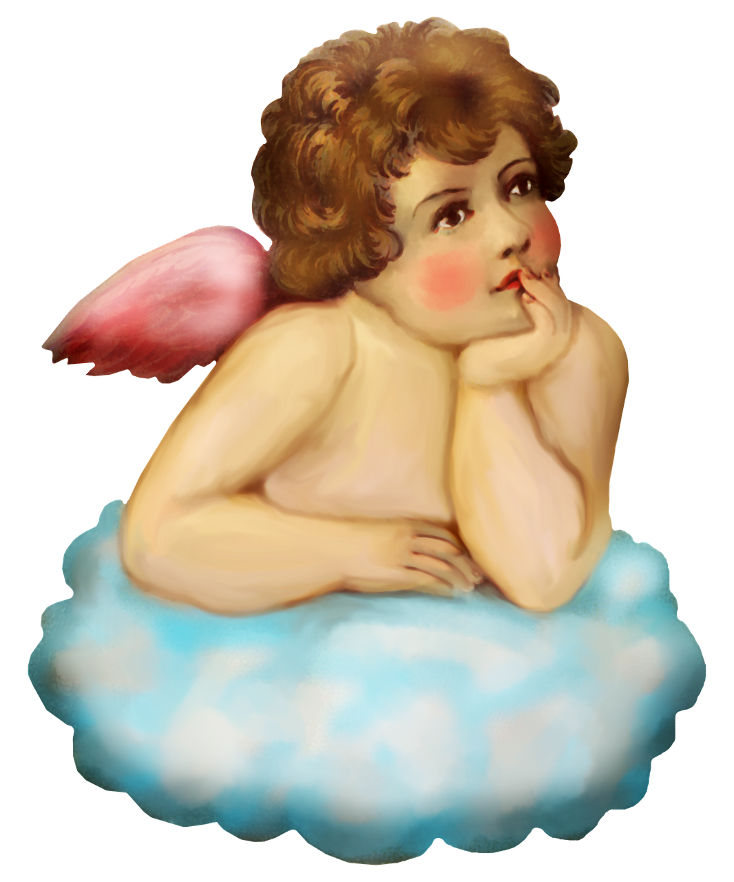 a painting of a cupid sitting on a cloud, a digital painting, inspired by Margaret Brundage, flickr, bust, shy, center view, fully colored