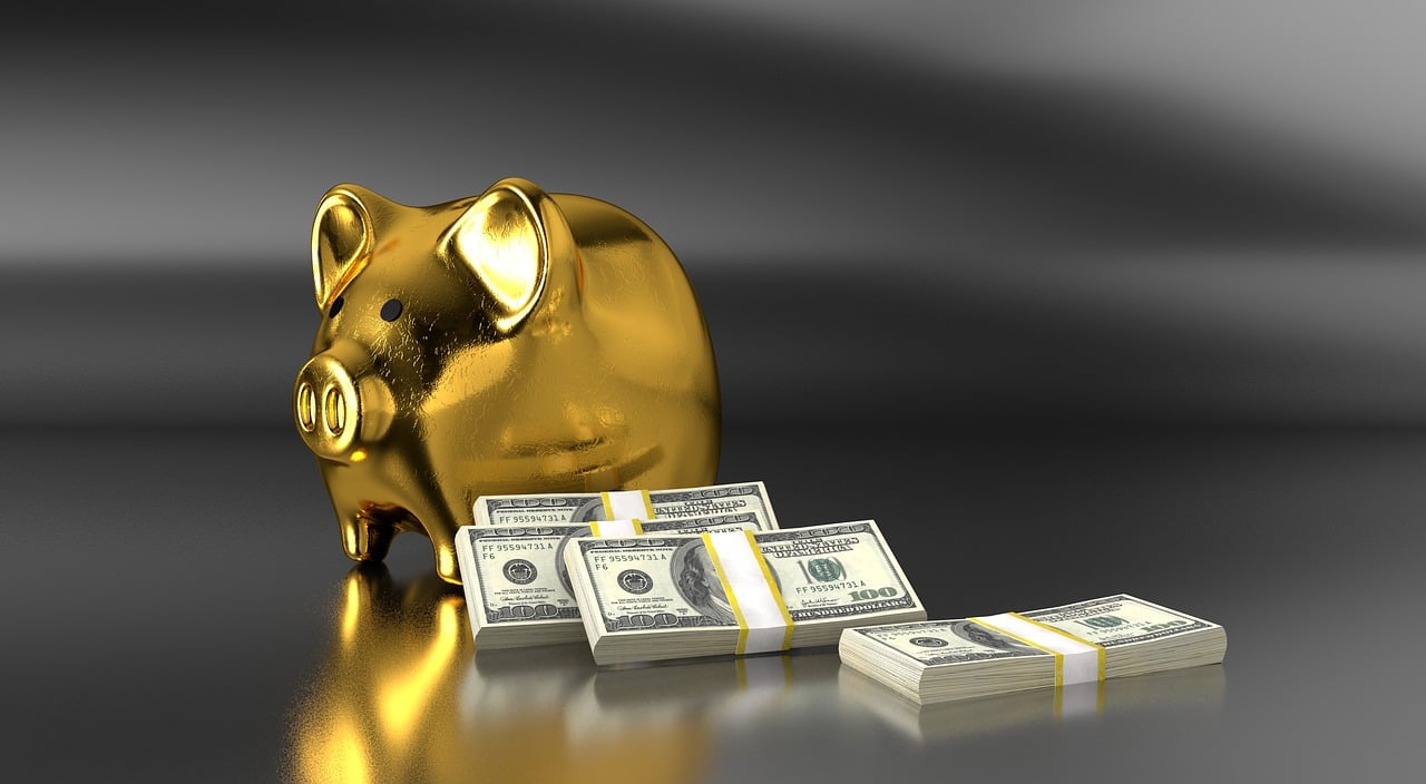 a golden piggy bank sitting on top of a pile of money, a digital rendering, by Matt Stewart, trending on pixabay, on a reflective gold plate, istockphoto, bags of money, 3d cg