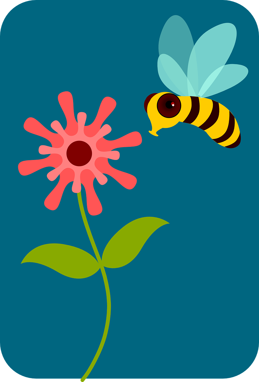 a bee flying near a flower on a blue background, vector art, naive art, clipart, blush, cut, vibrant and stylized