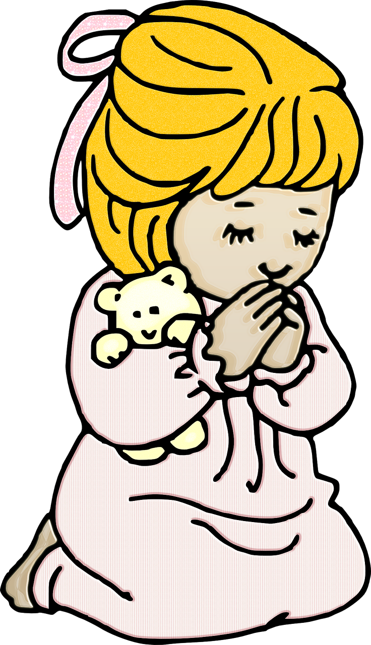 a little girl holding a teddy bear in her arms, a digital rendering, by Robert Childress, pixabay, doing a prayer, outlined!!!, sleepwear, black