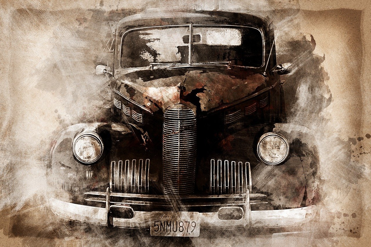 a black and white photo of an old car, a digital painting, auto-destructive art, watercolor digital painting, in style of old painting, stained antique copper car paint, front portrait