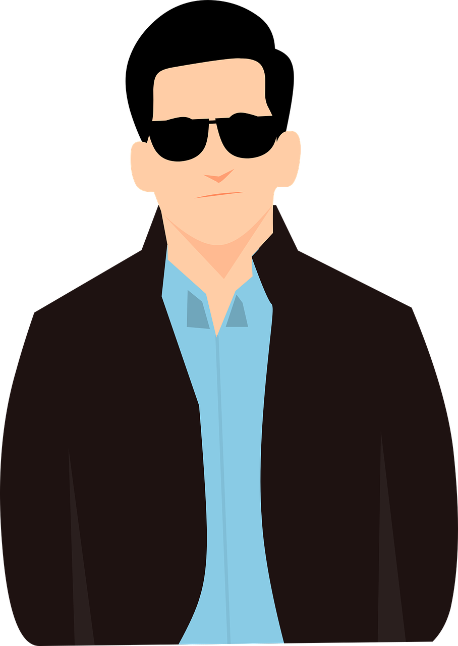 a man wearing sunglasses and a blue shirt, vector art, trending on pixabay, serial art, wearing a black jacket, nathan fillion, dale cooper, agents from the matrix movie