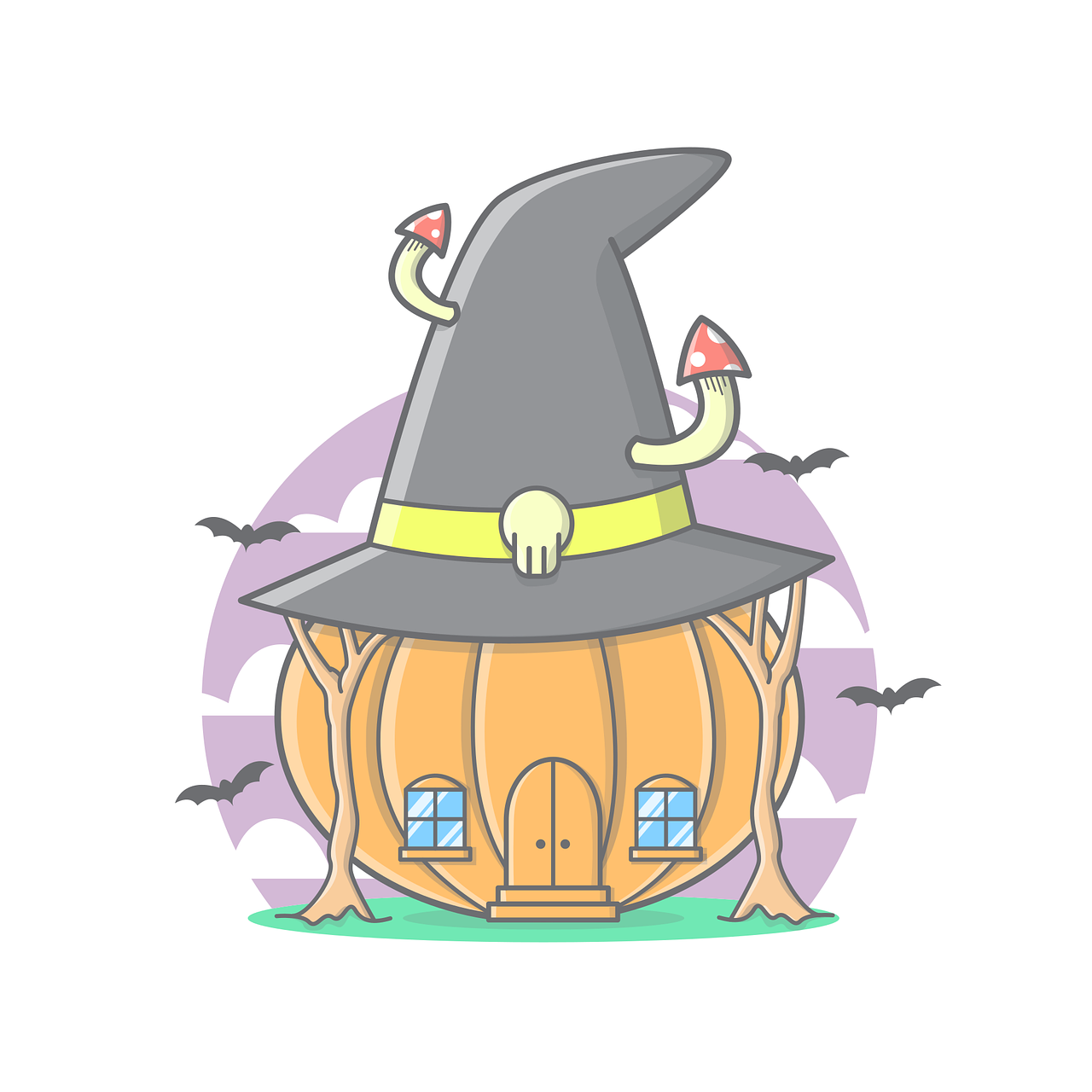 a witch hat sitting on top of a pumpkin, by Kamagurka, witch hut, simple and clean illustration, whole page illustration