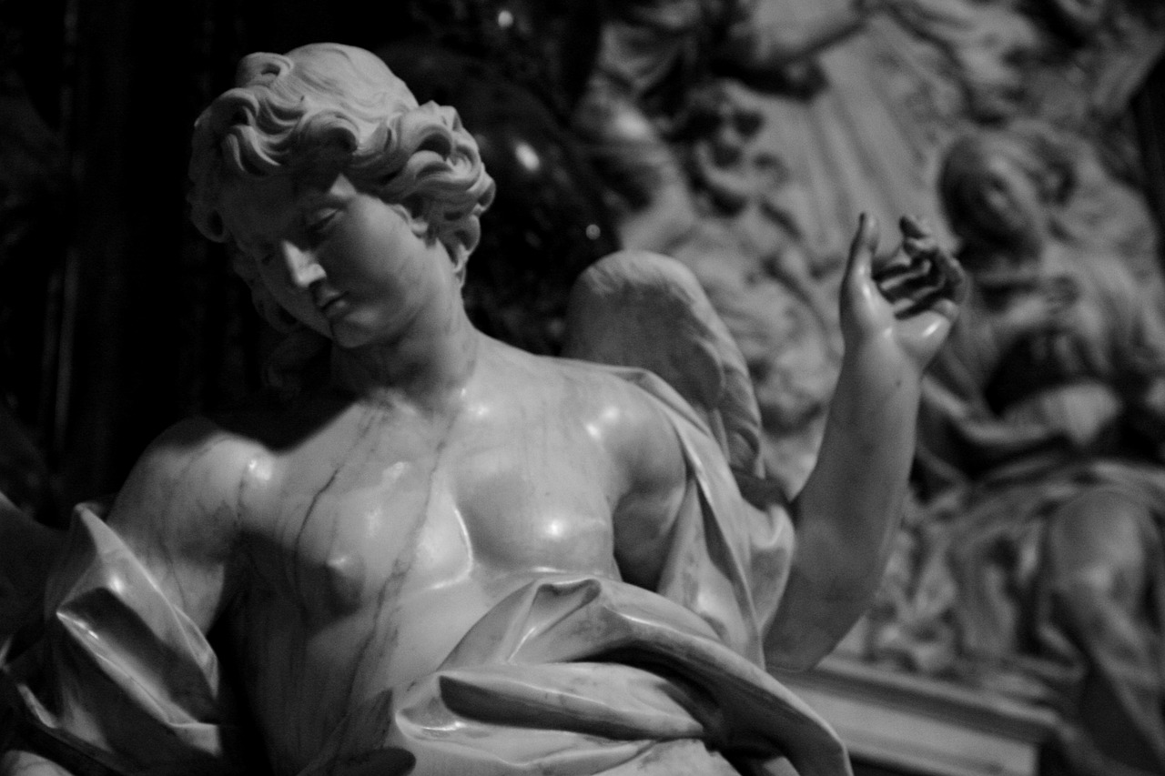 a black and white photo of a statue of an angel, a marble sculpture, featured on zbrush central, baroque, painted marble sculptures, secrets inside the vatican, lady of elche, delightful