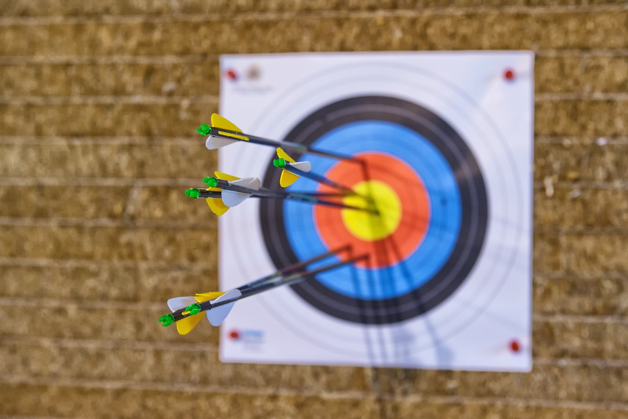 three arrows are in the center of a target, a picture, by Erwin Bowien, shutterstock, indoor shot, tournament, half - length photo, stock photo