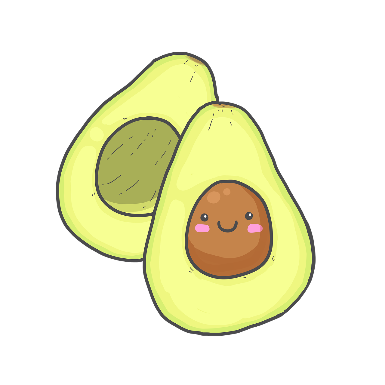 a couple of avocados sitting next to each other, an anime drawing, mingei, on a flat color black background, happy appearance, on clear background, full colored