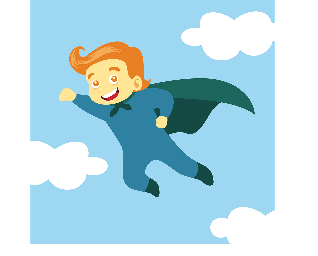 a man flying through the air in a blue suit, vector art, superflat, red haired teen boy, wearing hero costume, little kid, plain uniform sky at the back