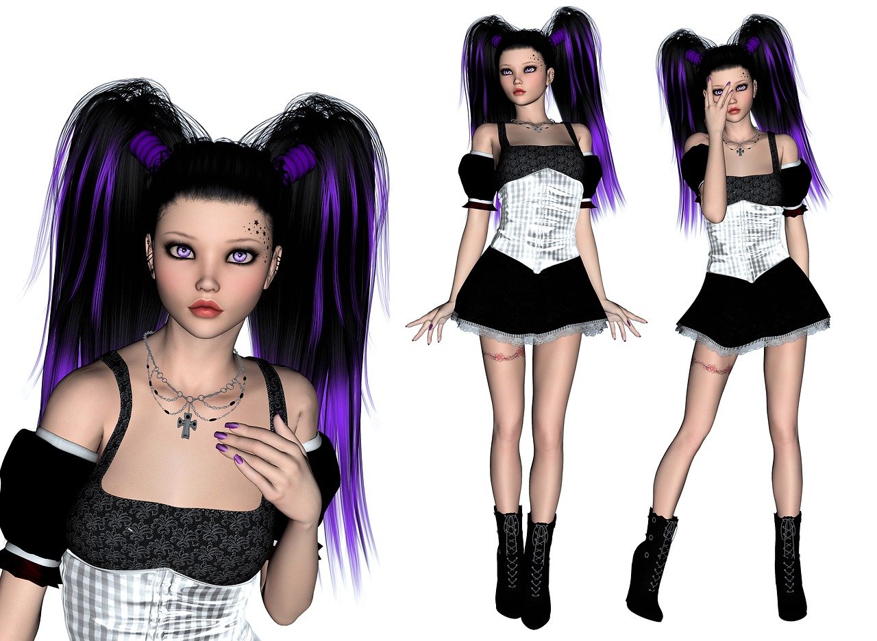 a 3d image of a woman with purple hair, a photo, tumblr, white blouse and gothic boots, tanny skin, katelynn mini cute style, glamorous tifa lockheart