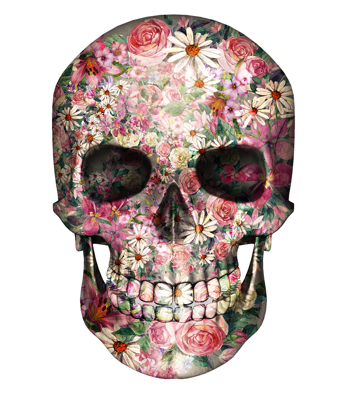 a close up of a skull with flowers on it, a digital rendering, by derek zabrocki, trending on shutterstock, beautiful iphone wallpaper, pink face, full colour print, floral bling