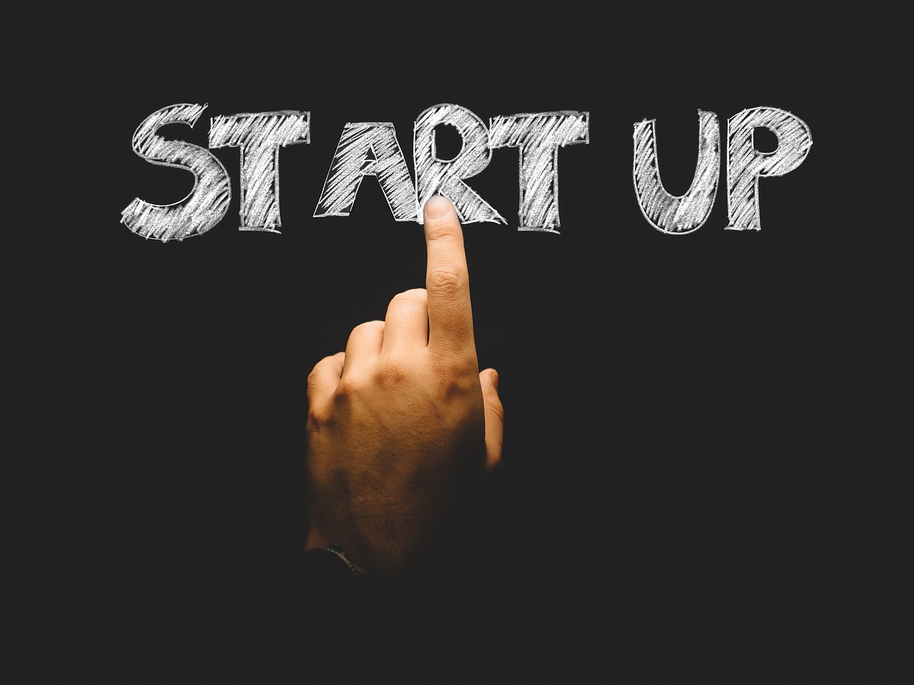 a hand pointing to the word start up, by Byron Galvez, shutterstock, standing with a black background, bump in form of hand, white bg, artistic depiction