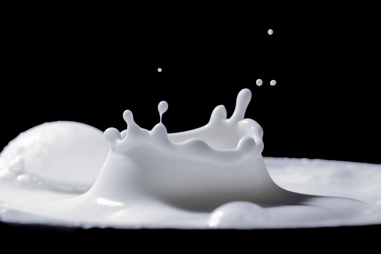 a splash of milk on top of a white plate, shutterstock, hyperrealism, against a deep black background, rendered in maya and houdini, close-up product photo, viscous