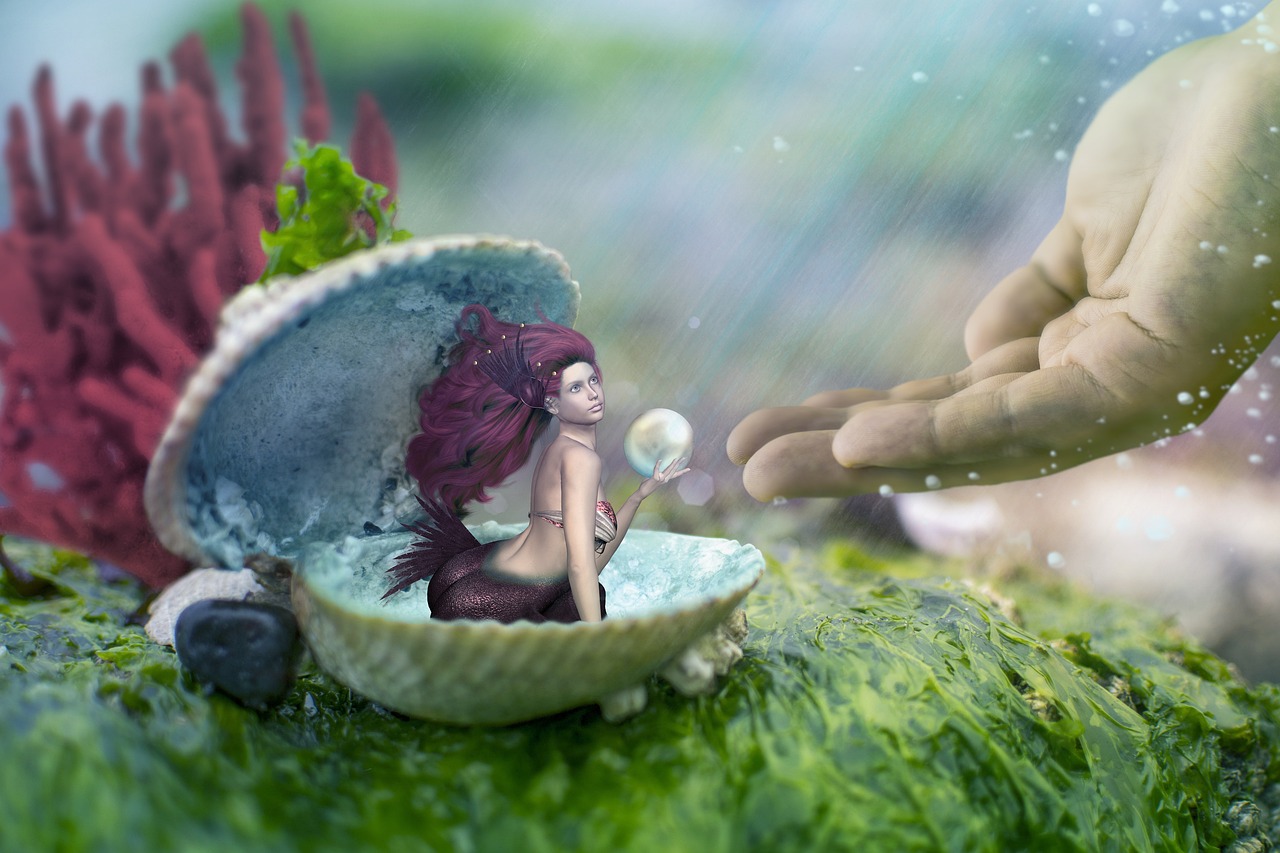 a close up of a figurine of a mermaid in a shell, digital art, by Alison Kinnaird, deviantart contest winner, diorama picture, take my hand, high quality fantasy stock photo, gently caressing earth