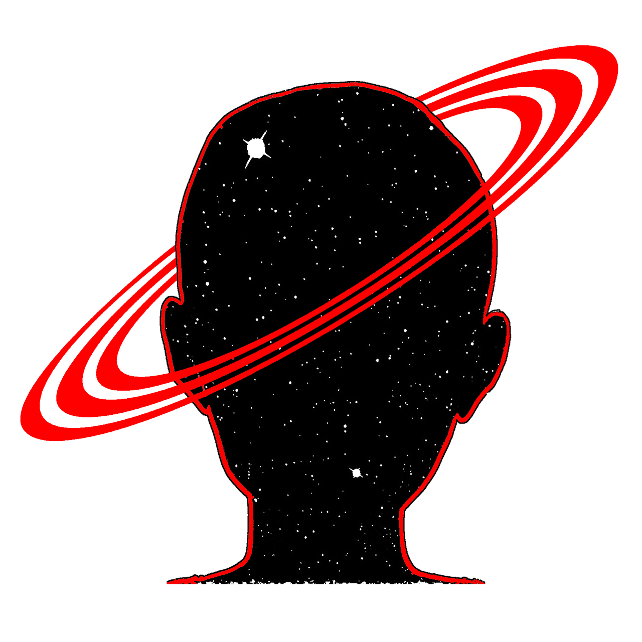 a man with a red ring around his head, by Allen Jones, primitivism, looking out into the cosmos, logo without text, brain, planet saturn