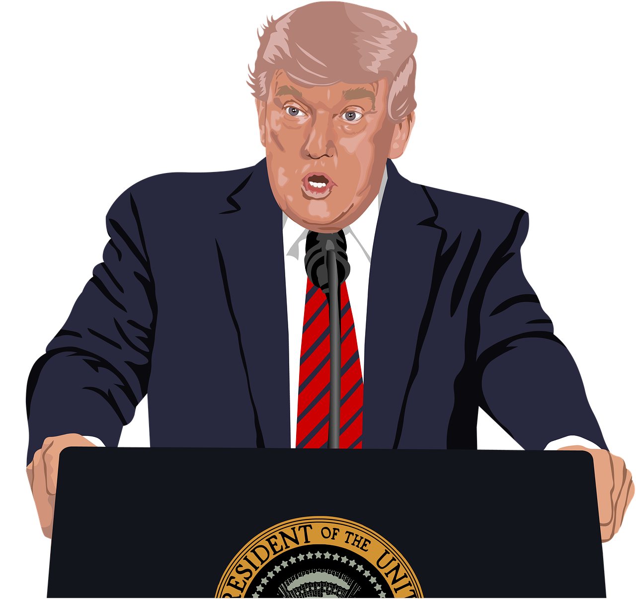 a man in a suit and tie standing behind a podium, a cartoon, by Tom Carapic, digital art, donald trumps sexy face, on a flat color black background, it is visibly angry at the tv, state of the union