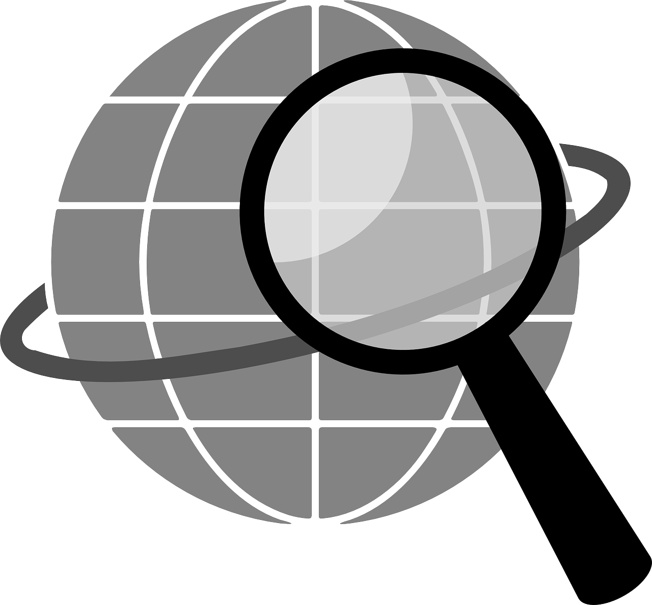 a magnifying glass on top of a globe, a picture, pixabay, bauhaus, black and white vector art, gray, link, inspect in inventory image