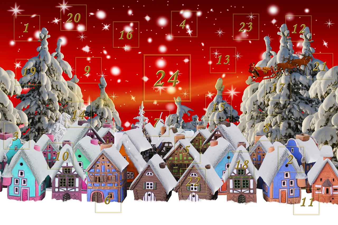 a group of houses sitting in front of a christmas tree, a digital rendering, naive art, countdown, with snow covered colourful red, closeup photo, clamp