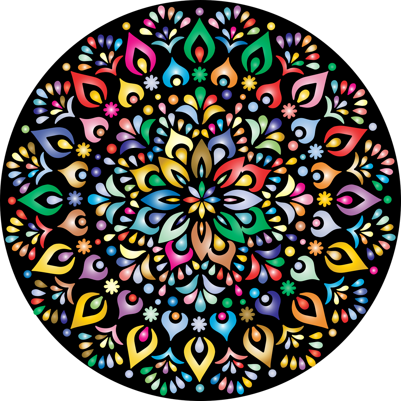 a colorful circular design on a black background, vector art, by Joe Mangrum, shutterstock, psychedelic art, traditional folk art style, ornate colored gems, rainbow gradient bloom, created in adobe illustrator