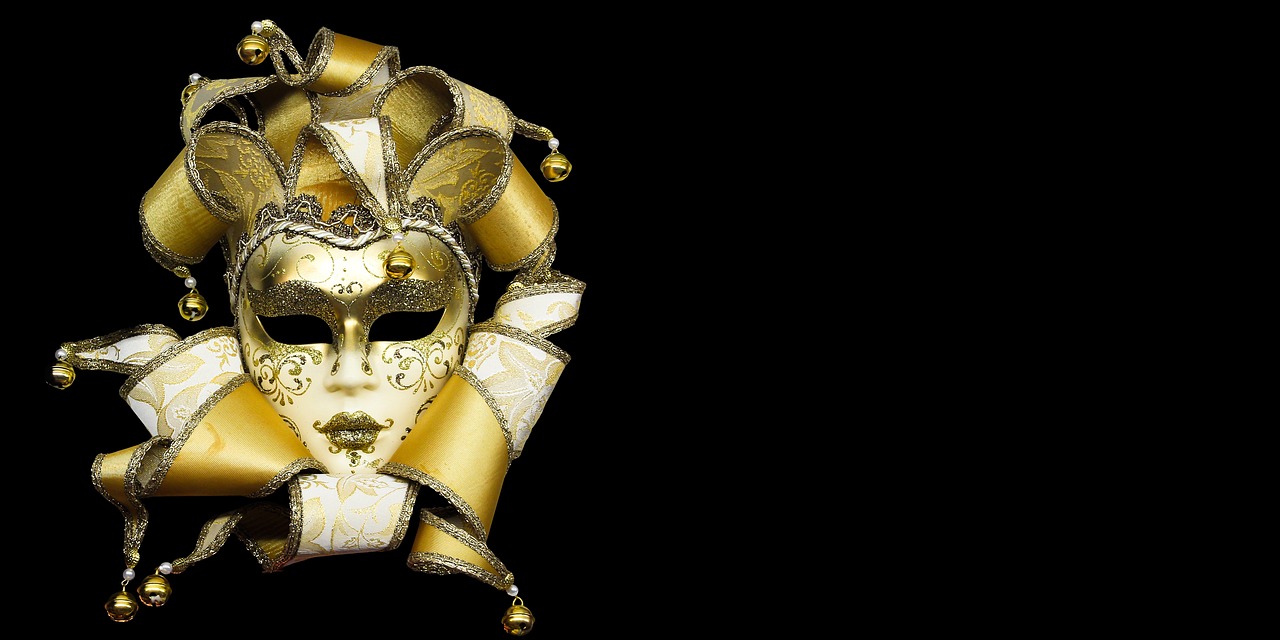 a close up of a mask on a black background, digital art, trending on pixabay, baroque, golden ribbon, italy, background image, right side composition