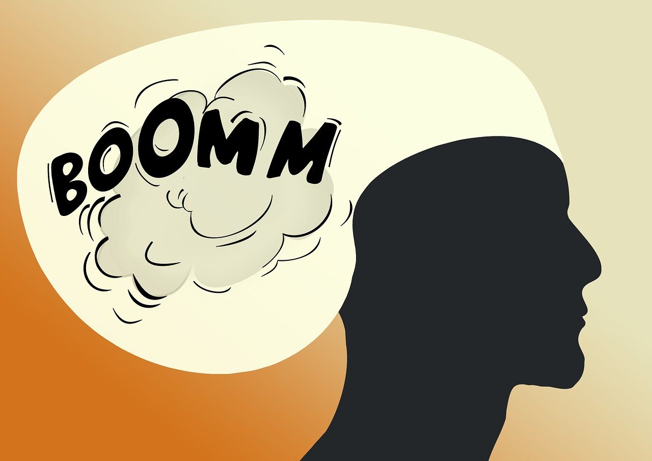 a silhouette of a man with a speech bubble above his head, a comic book panel, by Juan O'Gorman, shutterstock, shock art, doom and gloom, blow my mind, close-up view, stock photo